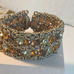 Vintage Wide Gold Tone Amber Rhinestone Bracelet | Mid Century Statement Jewelry